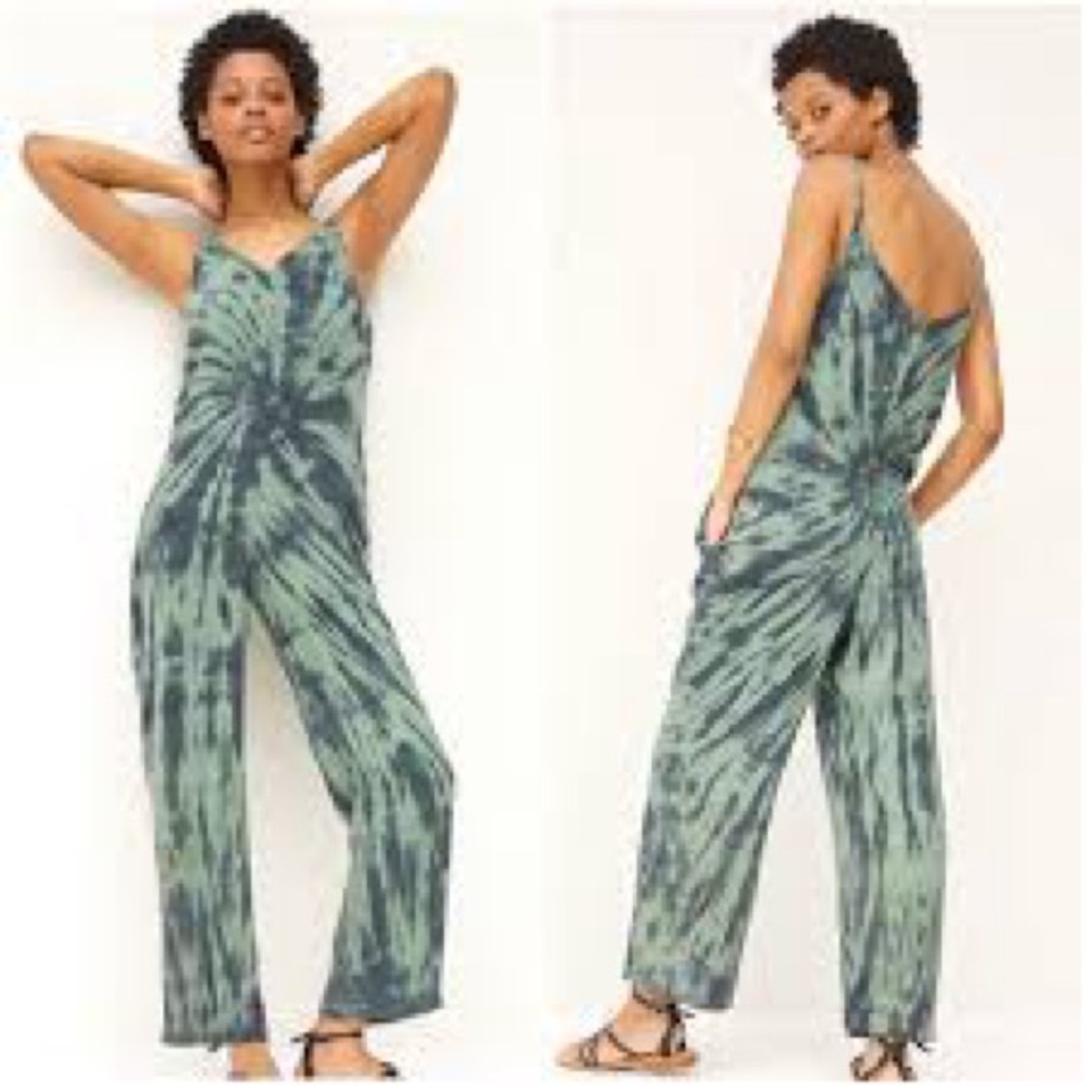 Anthropologie Cloth & Stone Green and Black Tie-Dye Jumpsuit
